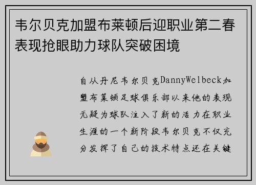 韦尔贝克加盟布莱顿后迎职业第二春表现抢眼助力球队突破困境