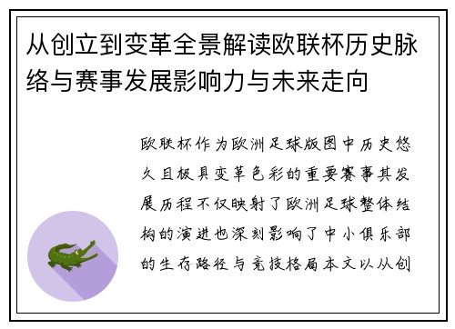 从创立到变革全景解读欧联杯历史脉络与赛事发展影响力与未来走向